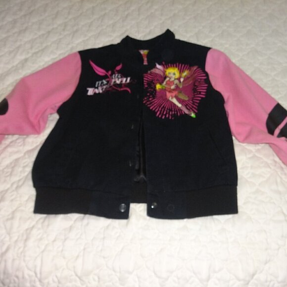 JH Designs Tinkerbell girls size 6 snap front jacket, black, pink, emblems VGC - Picture 5 of 9